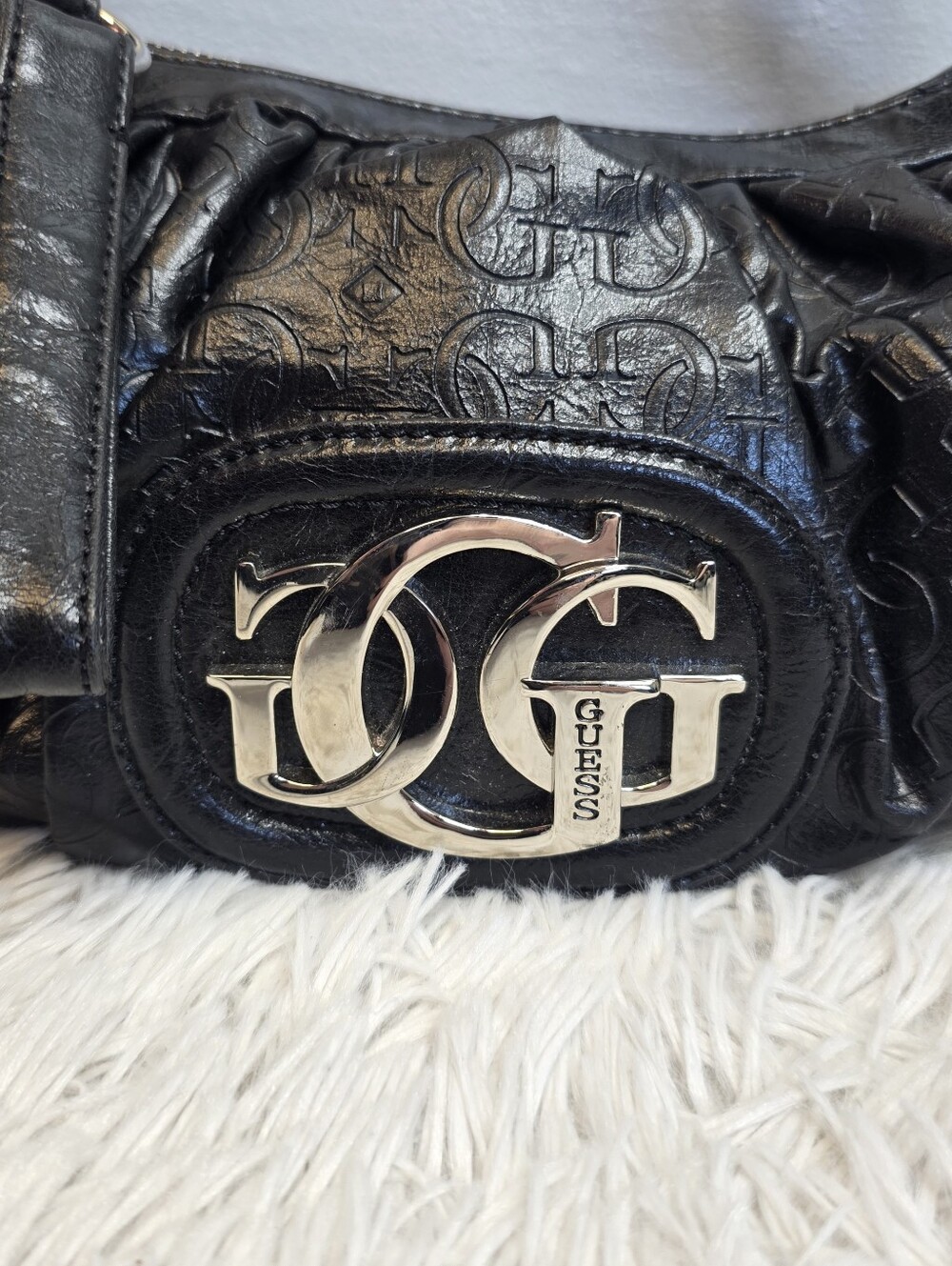GUESS Black Monogram Embossed Hobo Shoulder Bag - Silver GG Hardware - Picture 2 of 9